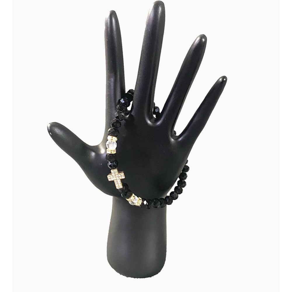 Metallic Black Cross Charm Bracelet Octagon Beads Multicolor Stretch - Picture 6 of 10